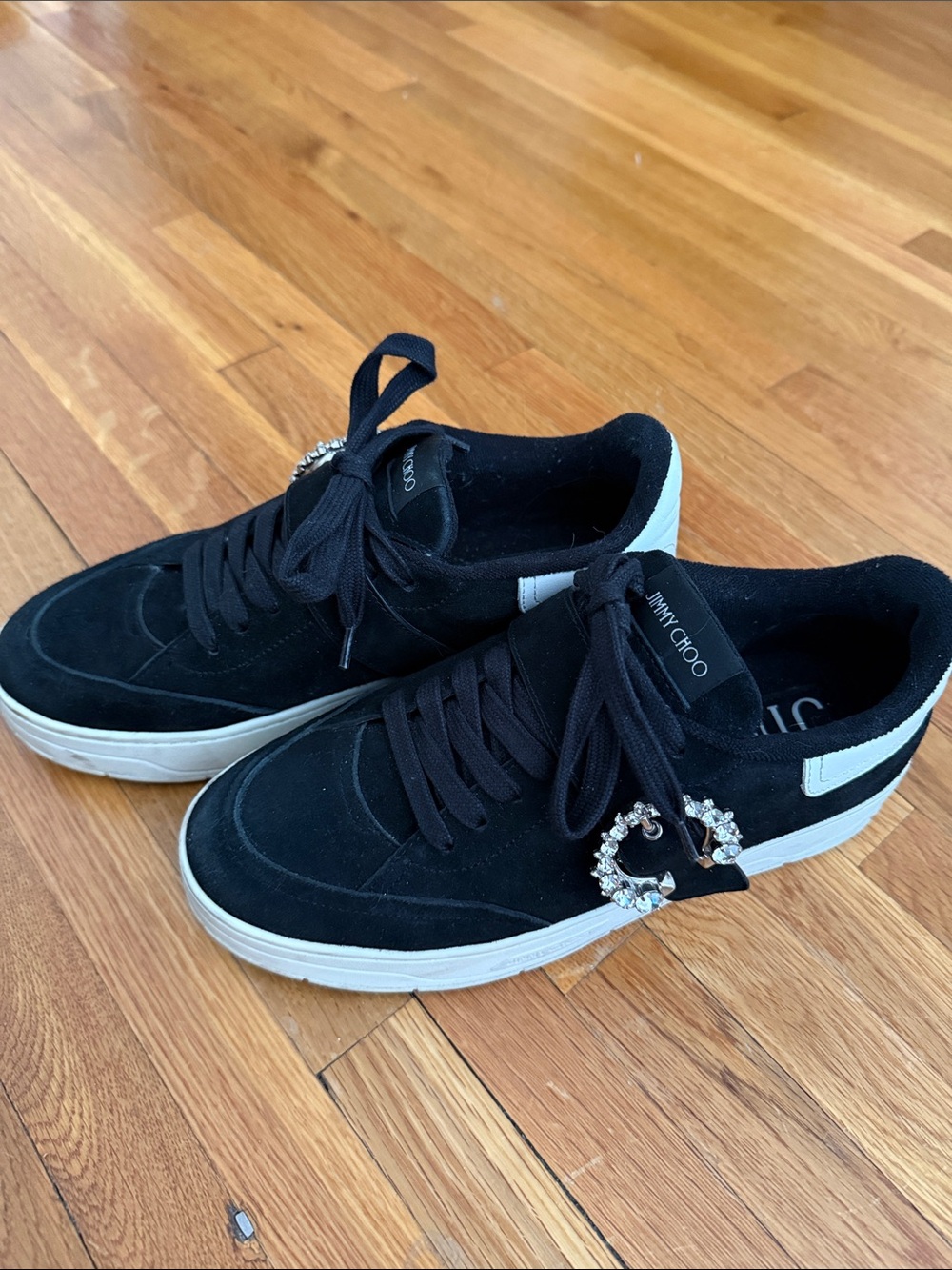 Jimmy Choo Black Suede Low-Top Sneakers with Crystal Embellishment
